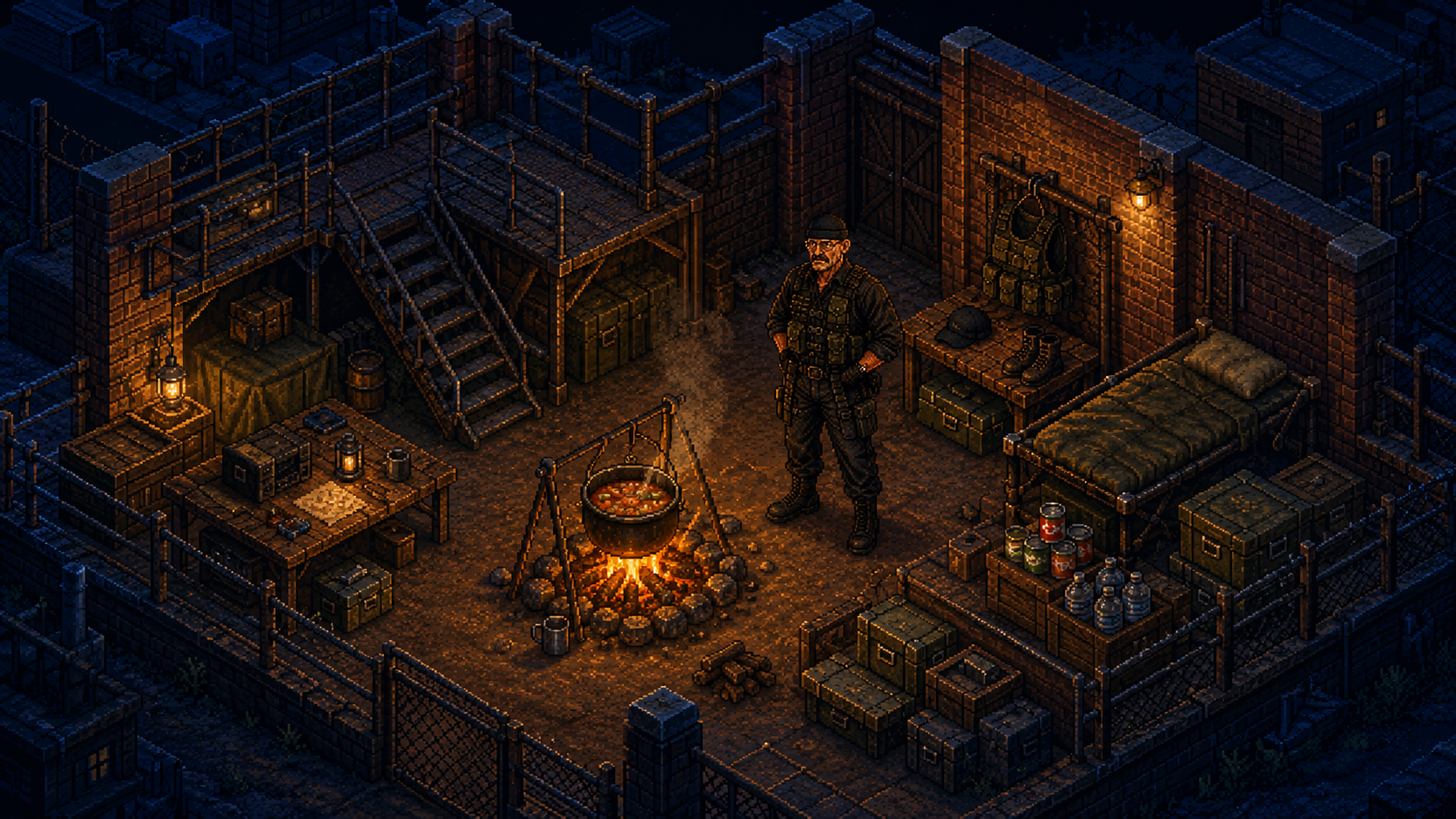 Pixel art Reaper compound at night with Pope, campfire stew, rations, bed, gear, walls, and watch platforms