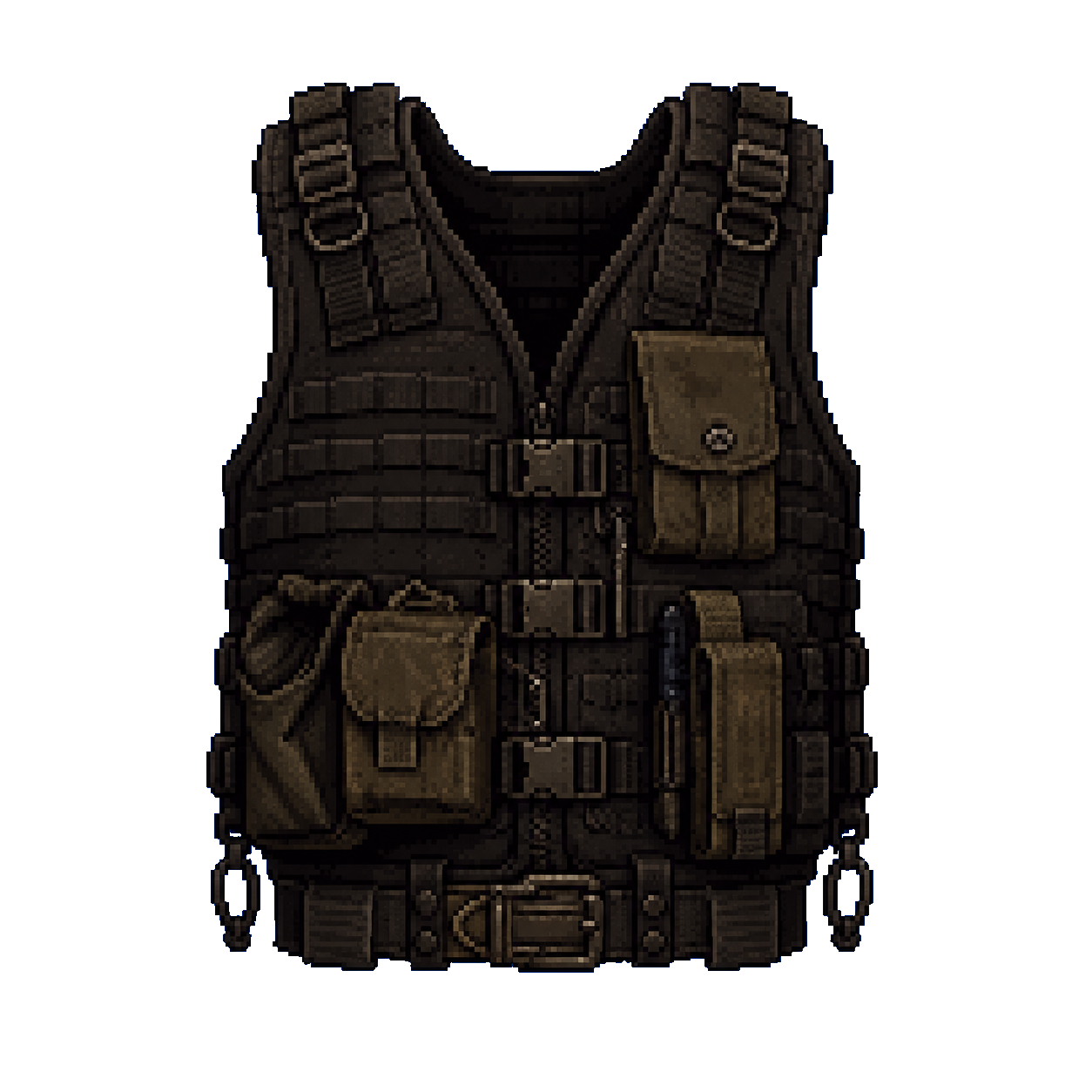 Pixel art tactical vest with pouches, straps, buckles, and belt