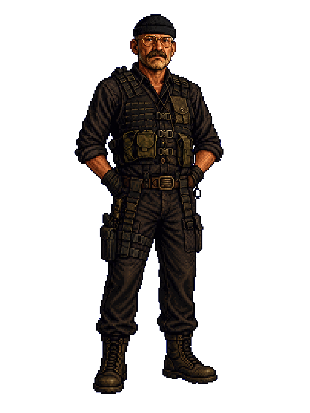 Pixel art Pope full body outfit with cap, glasses, tactical vest, gloves, and boots