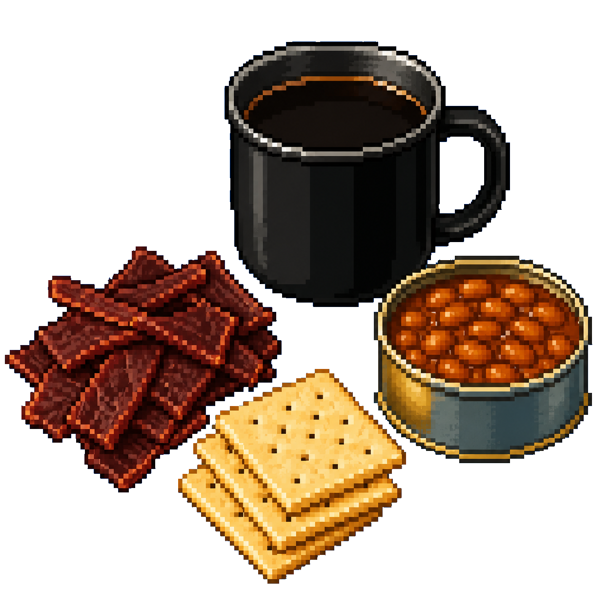 Pixel art breakfast rations with coffee, jerky, crackers, and beans