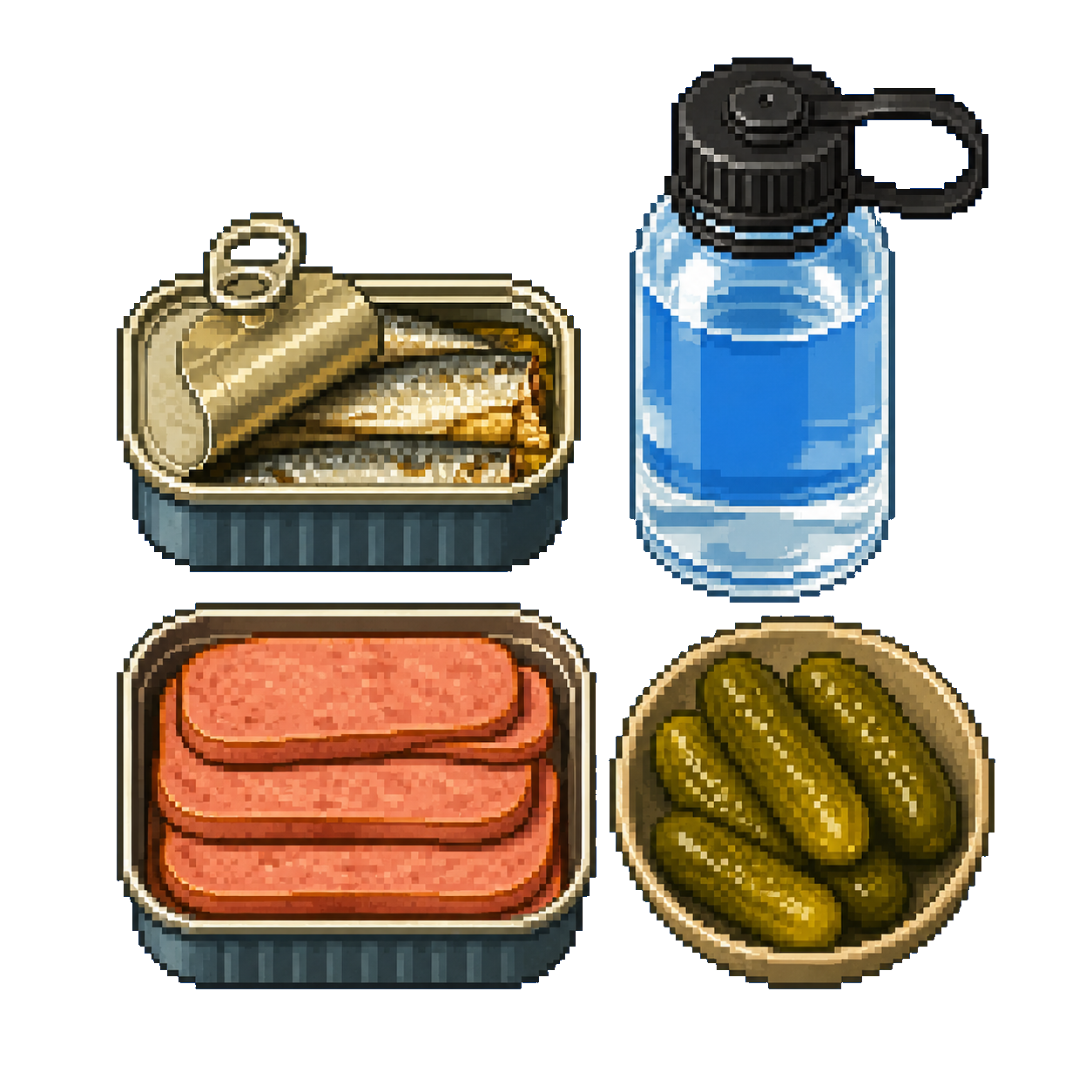 Pixel art lunch rations with canned fish, spam, pickles, and water
