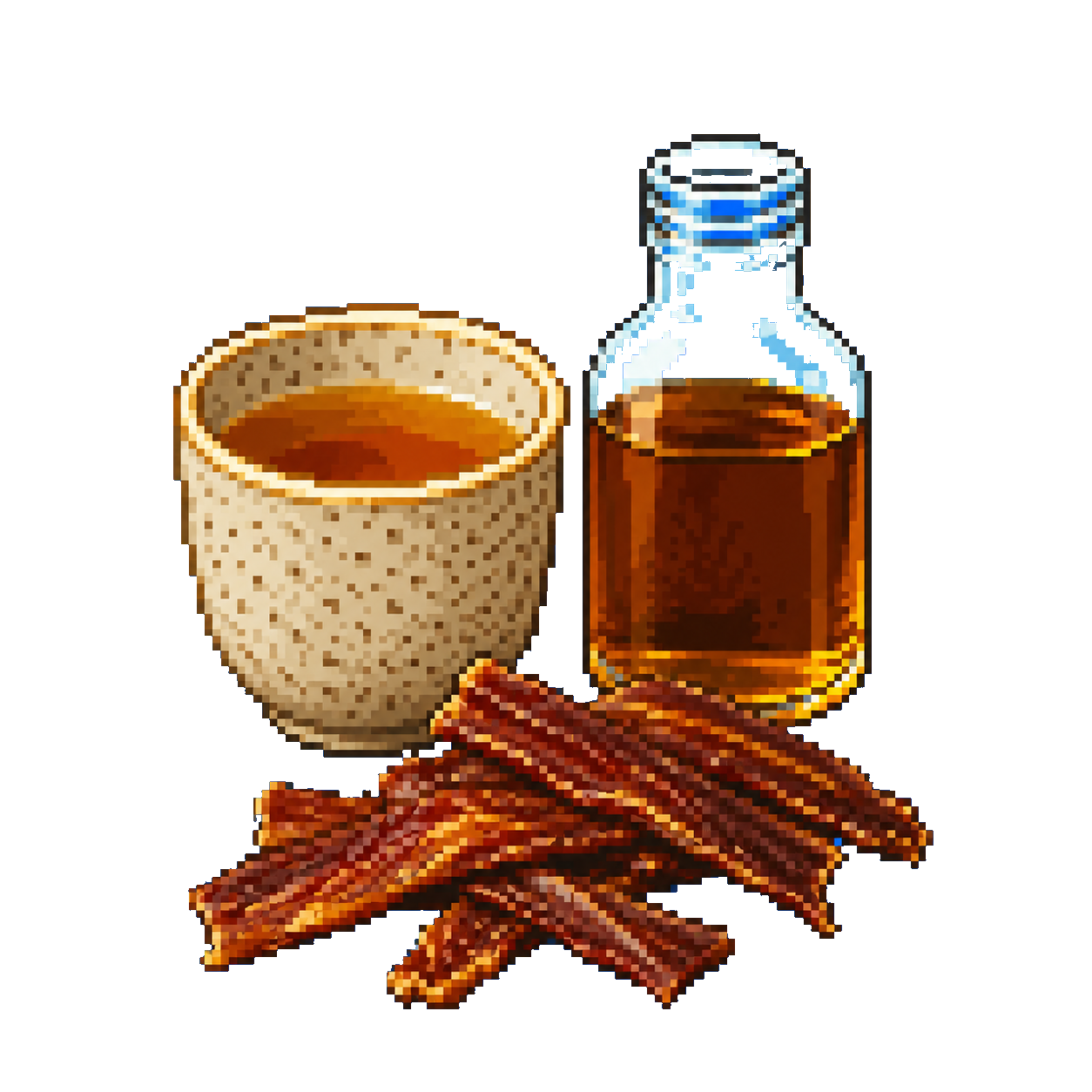 Pixel art late-night tea, liquor, and dried meat