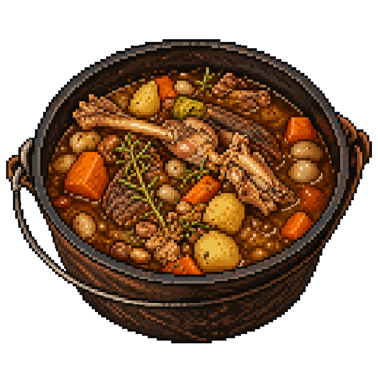 Pixel art stew pot with meat, bones, potatoes, carrots, and herbs