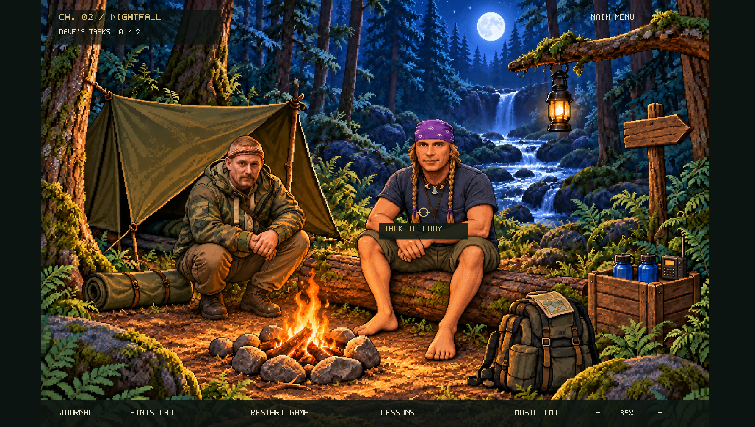 Cody and Dave together at camp after nightfall.