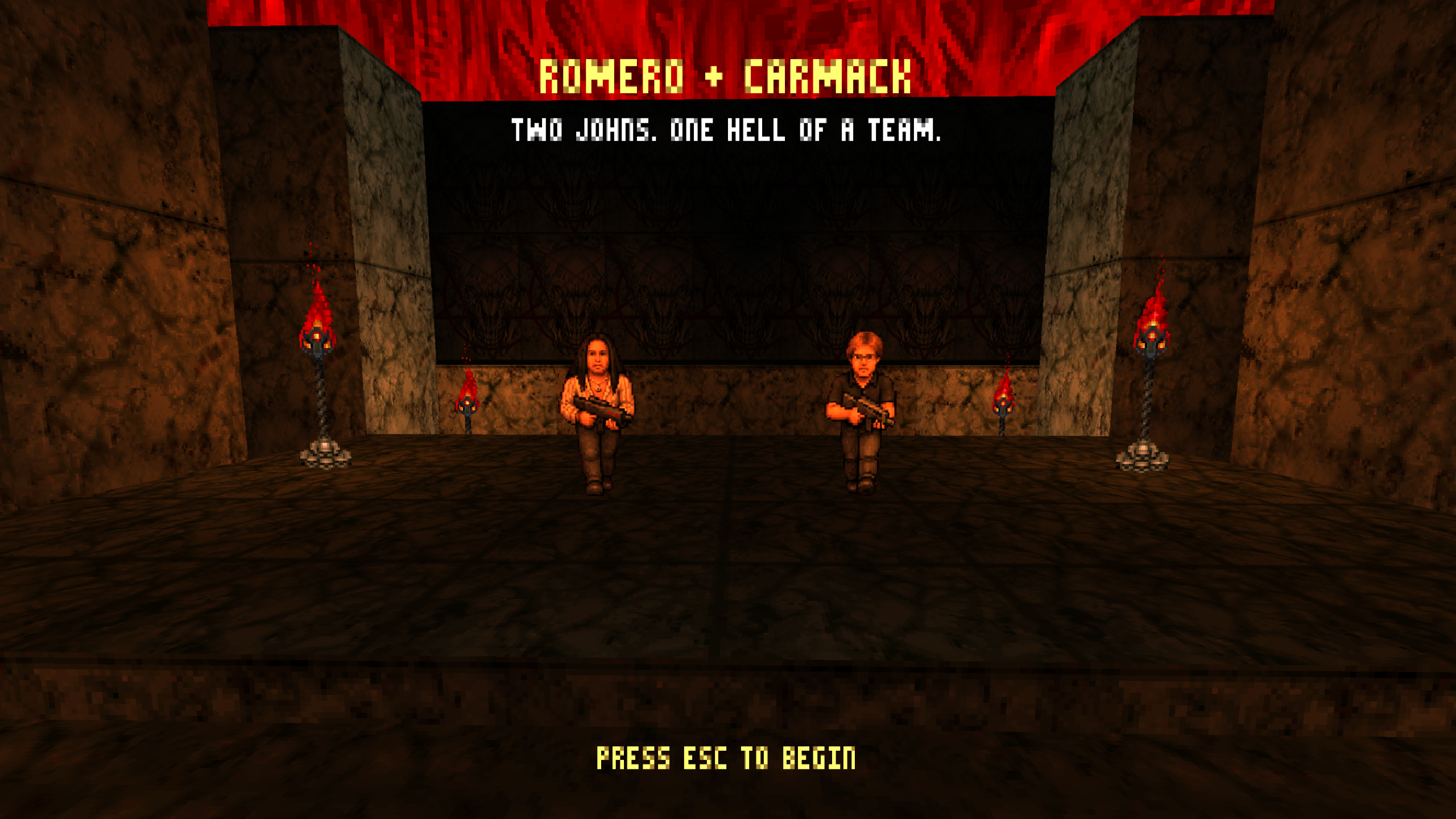 John Romero and John Carmack together in the Hell-themed title scene.