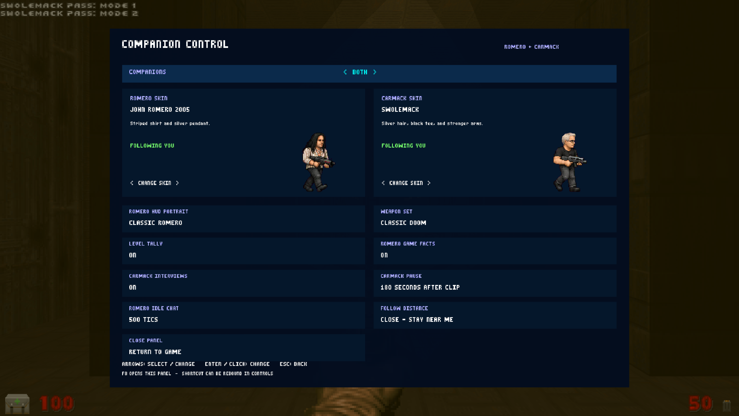 The Companion Control menu with live Romero and Carmack skin previews.