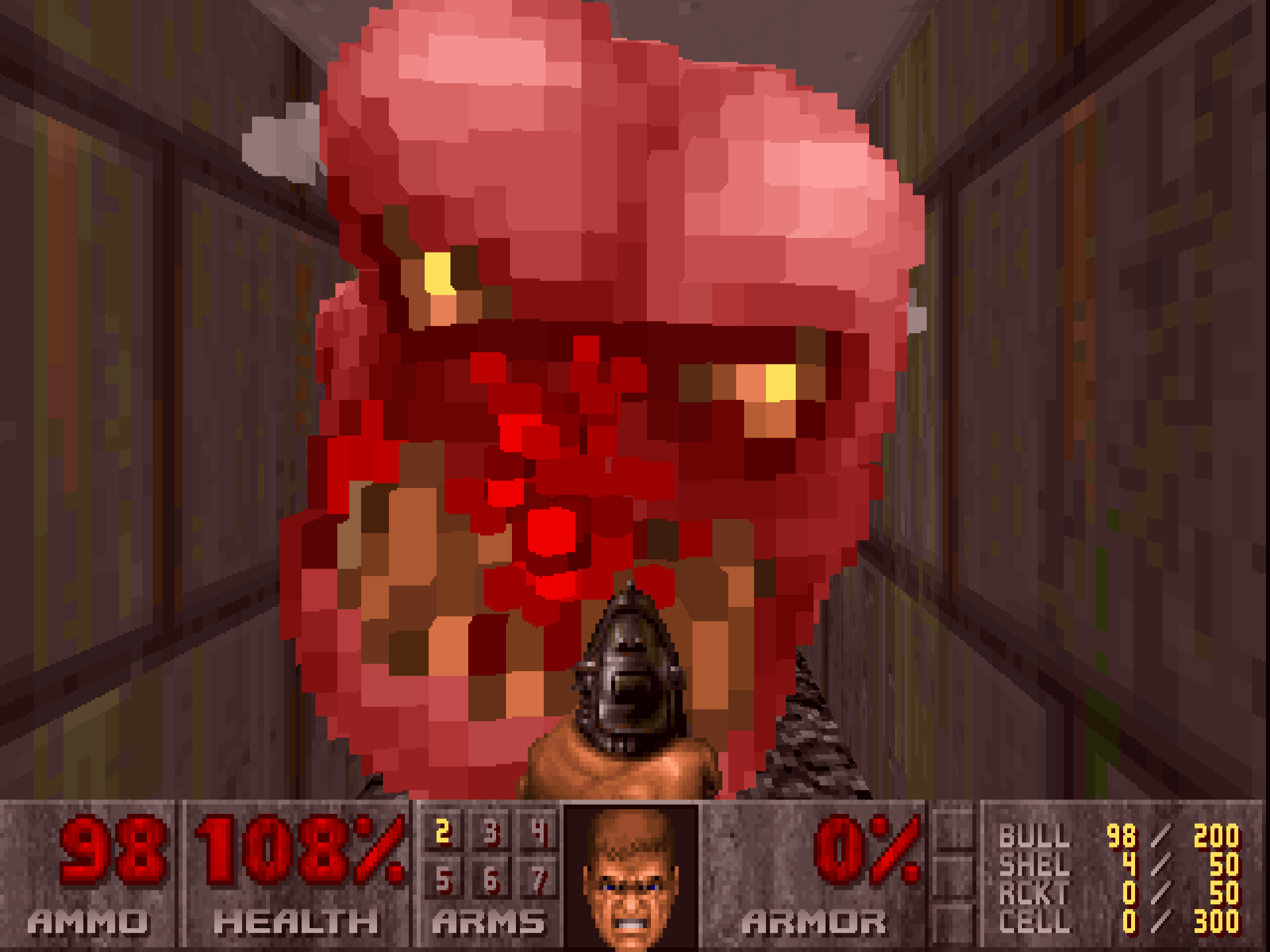 A voxel Pinky Demon at extremely close range.