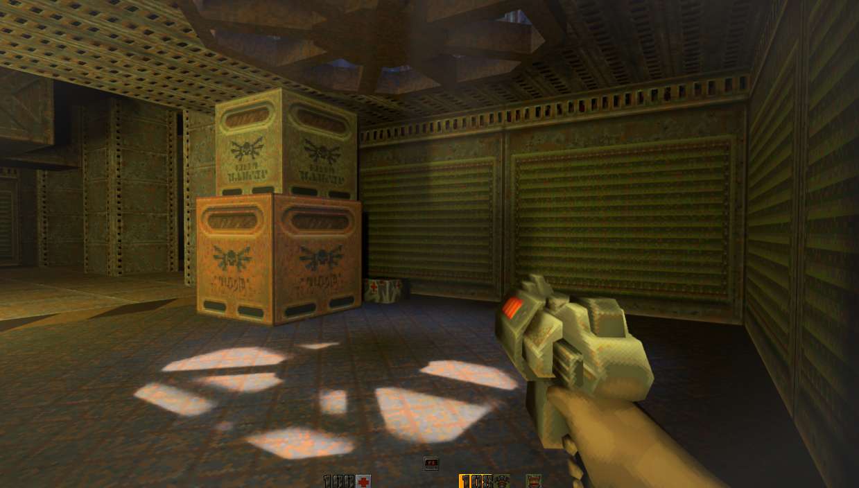 Path-traced window light and bounced color inside the base.