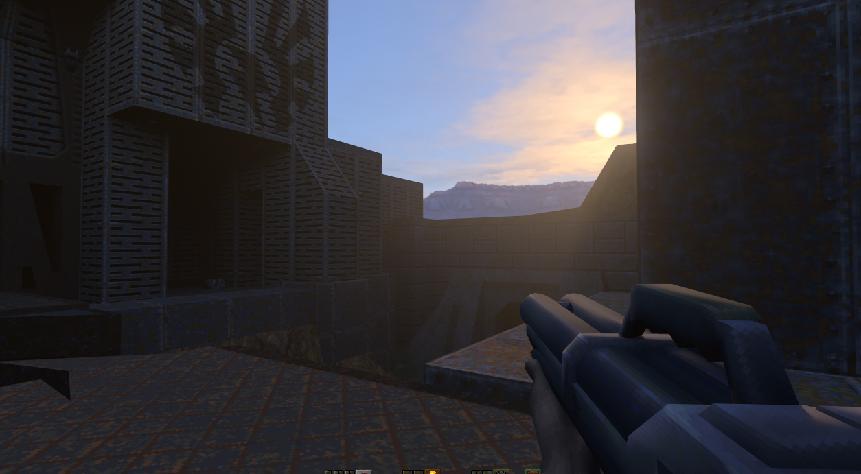 Classic Quake II geometry under a changing sky.