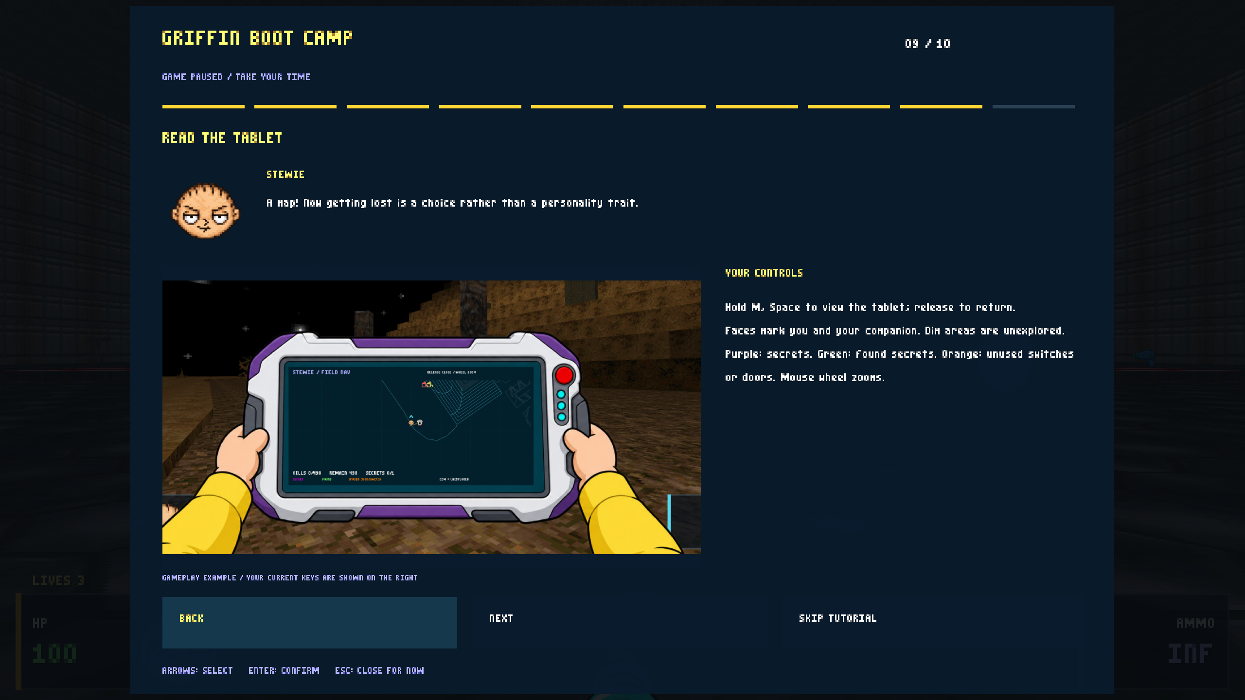 Stewie's handheld map tablet and field-navigation tutorial.