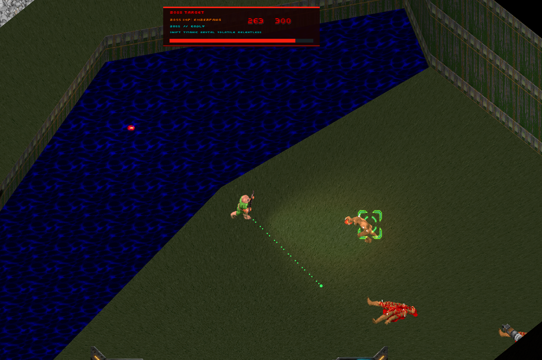 An isometric boss fight with the target-lock HUD active.