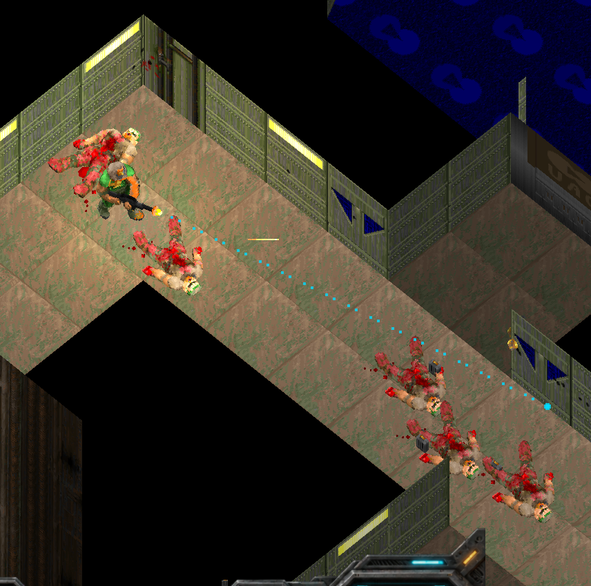 Top-down combat through a classic Doom corridor.
