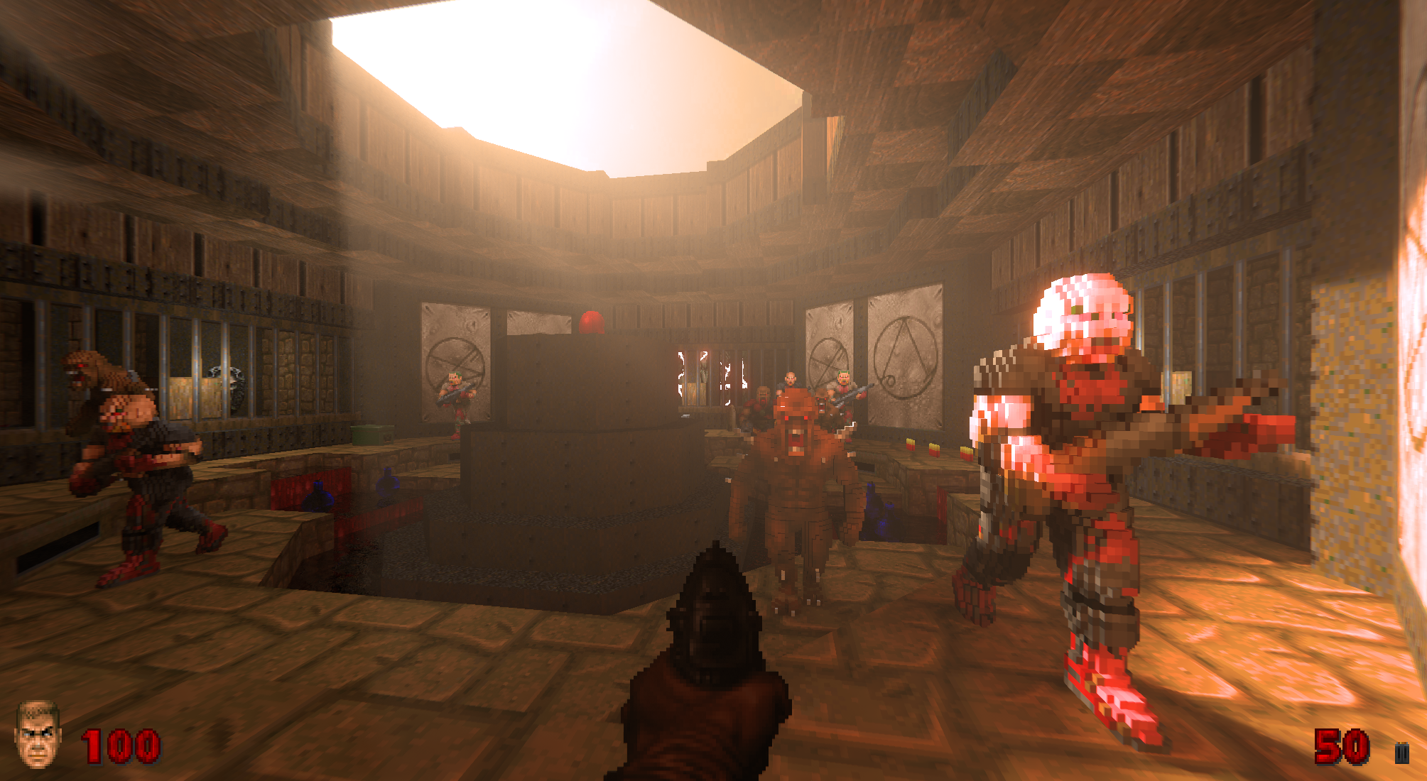 Full-scene lighting inside a classic Doom arena.