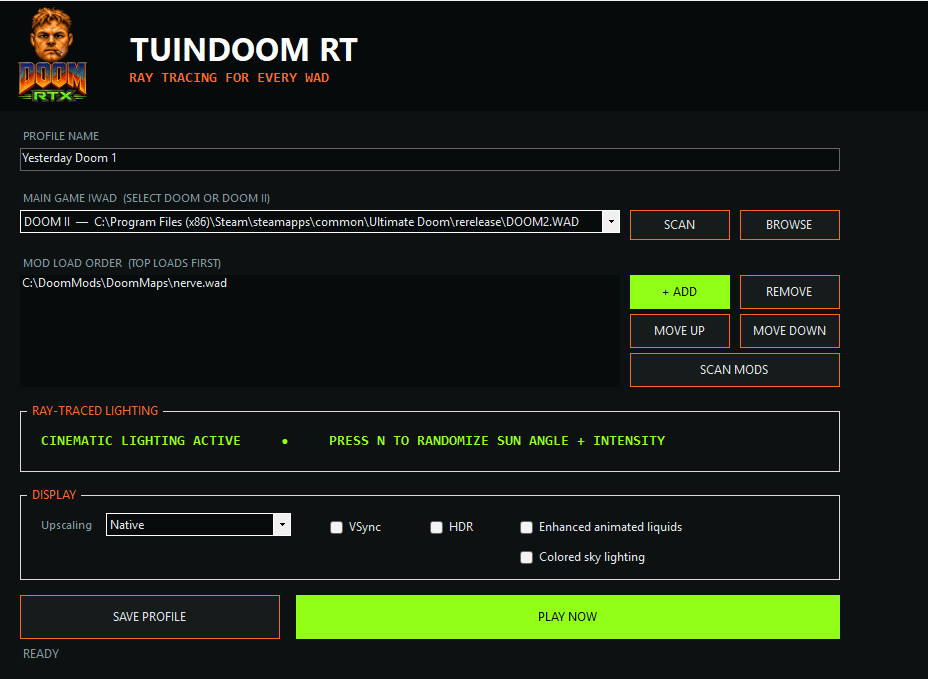 The TUINDOOM RT launcher and lighting controls.
