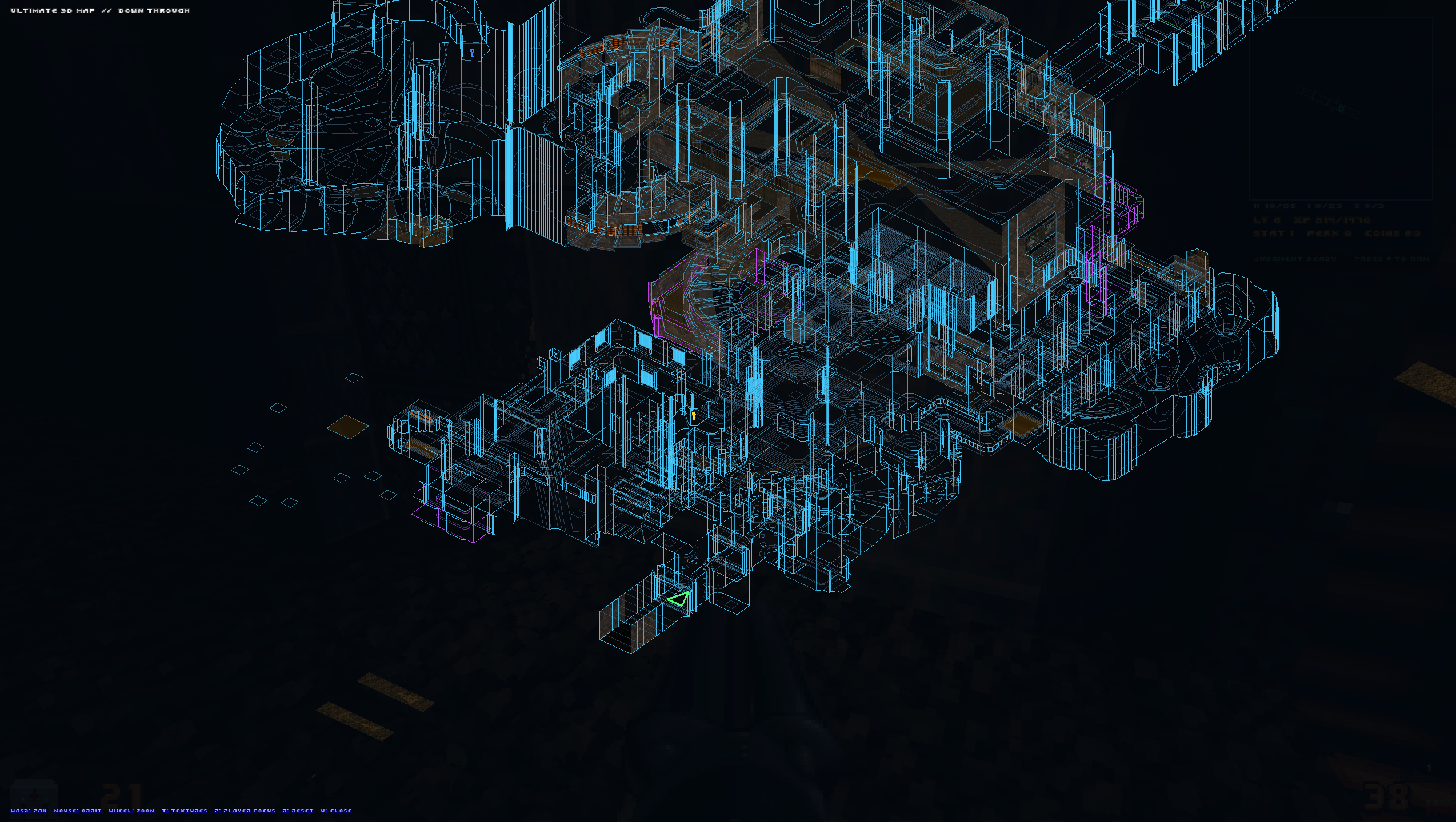 The full height and structure of Down Through in wireframe mode.