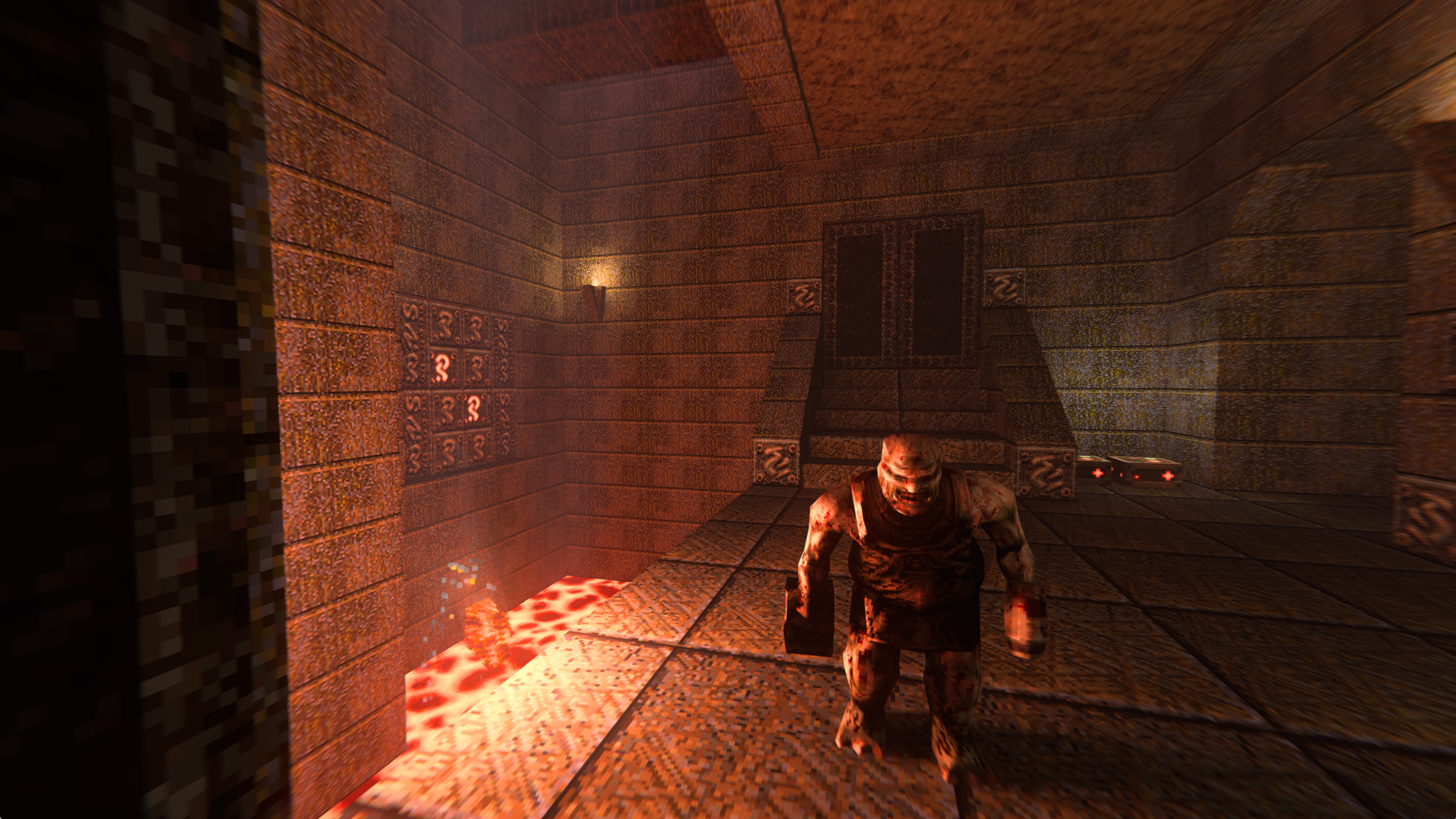 Enhanced effects and warm light across a classic Quake encounter.