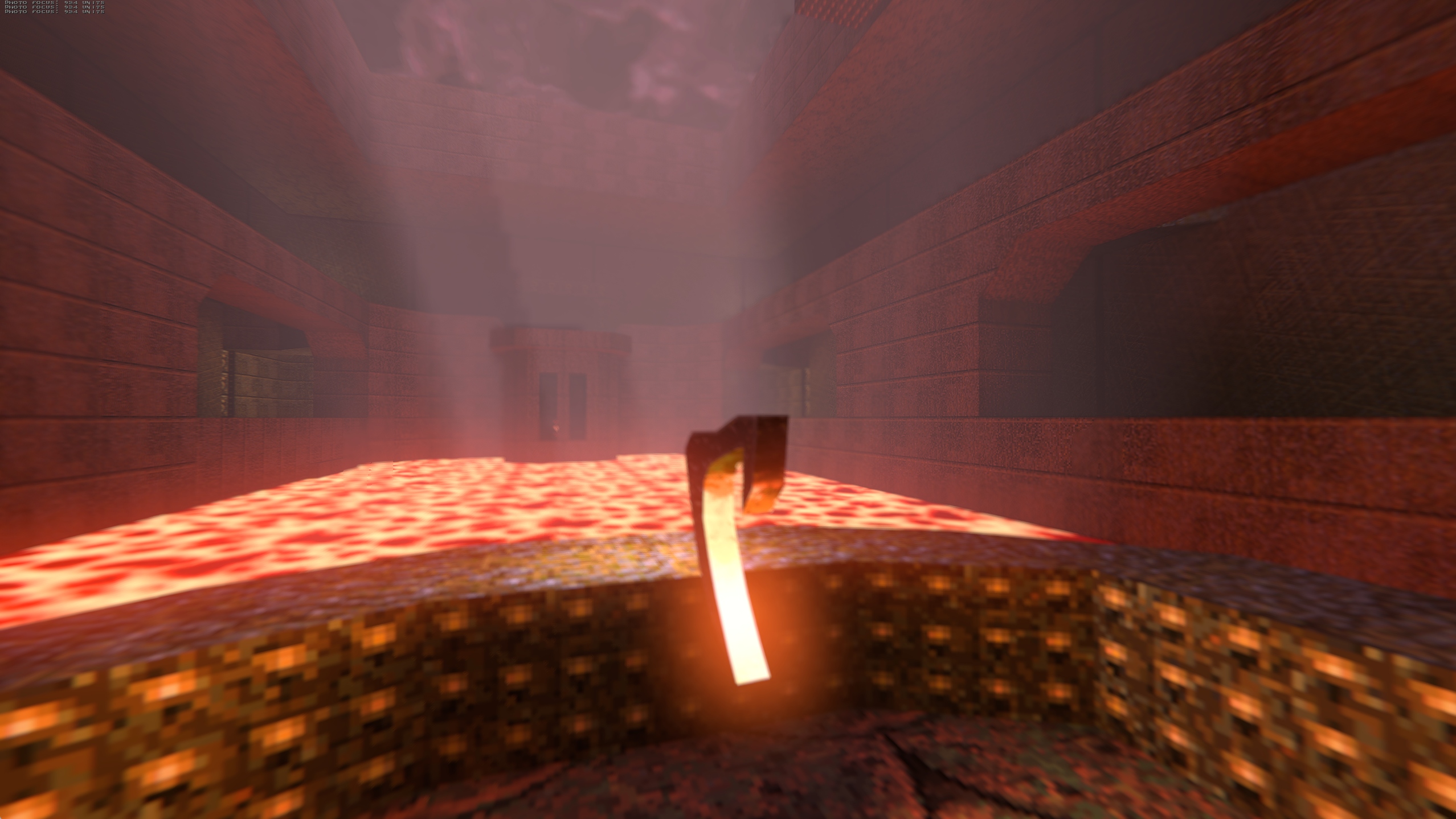 Volumetric haze and intense lava light in an enhanced Quake arena.